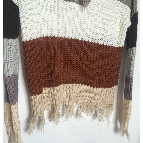 Destructed Sweater Womens  Medium Fringe Chunky Knit Striped Colorblock V-Neck - Picture 4 of 13